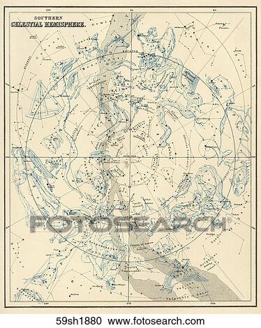Antique Celestial Chart (chromolithograph) with Constellation Figures of the Southern Celestial Hemisphere., 1880 View Large Illustration Clipart - Antique Celestial Chart (chromolithograph) with Constellation Figures of the Southern Celestial Hemisphere., 1880. Fotosearch