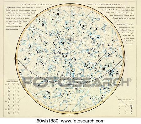 Antique Celestial Chart (chromolithograph) with Constellation Figures of the Celestial Heavens in January, February and March., 1880 View Large Illustration Clipart - Antique Celestial Chart (chromolithograph) with Constellation Figures of the Celestial Heavens in January, February and March., 1880. Fotosearch