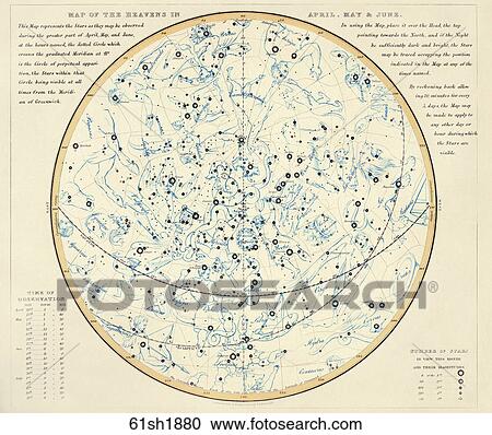 Antique Celestial Chart (chromolithograph) with Constellation Figures of the Celestial Heavens in April, May and June., 1880 View Large Illustration Clipart - Antique Celestial Chart (chromolithograph) with Constellation Figures of the Celestial Heavens in April, May and June., 1880. Fotosearch