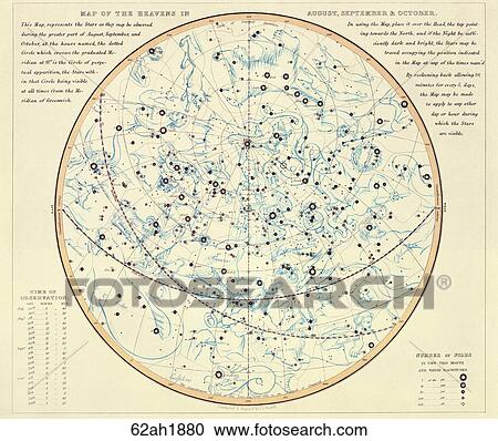 Antique Celestial Chart (chromolithograph) with Constellation Figures of the Celestial Heavens in August, September and October., 1880 View Large Illustration Clipart - Antique Celestial Chart (chromolithograph) with Constellation Figures of the Celestial Heavens in August, September and October., 1880. Fotosearch