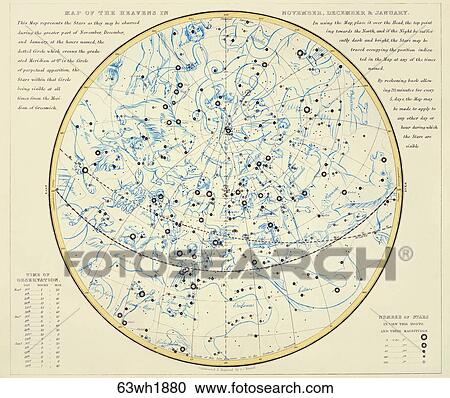 Antique Celestial Chart (chromolithograph) with Constellation Figures of the Celestial Heavens in November, December and January., 1880 View Large Illustration Clipart - Antique Celestial Chart (chromolithograph) with Constellation Figures of the Celestial Heavens in November, December and January., 1880. Fotosearch