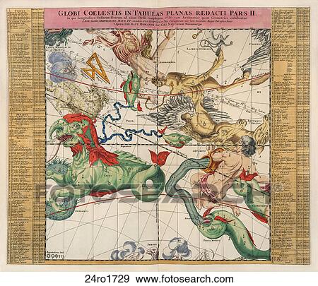 Stock Illustration - Antique Celestial Chart (hand-colored engraving) of a Southern Region of the Celestial Globe., 1729. Fotosearch