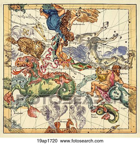 Antique Celestial Illustration (hand-colored engraving) displaying the Constellation Figures of Aries, Andromeda and Aquarius.,1720 View Large Illustration Clipart - Antique Celestial Illustration (hand-colored engraving) displaying the Constellation Figures of Aries, Andromeda and Aquarius.,1720. Fotosearch