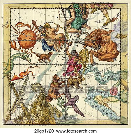 Clipart - Antique Celestial Illustration (hand-colored engraving) displaying the Constellation figures of Taurus, Gemini and Cancer.,1720. Fotosearch