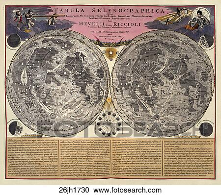 Antique Celestial Illustration (hand-colored engraving) of maps of the Moon. Left hemisphere shows the recorded telescopic observations of Hevelius. The right shows Riccioli’s version.,1730 View Large Illustration Clipart - Antique Celestial Illustration (hand-colored engraving) of maps of the Moon. Left hemisphere shows the recorded telescopic observations of Hevelius. The right shows Riccioli’s version.,1730. Fotosearch
