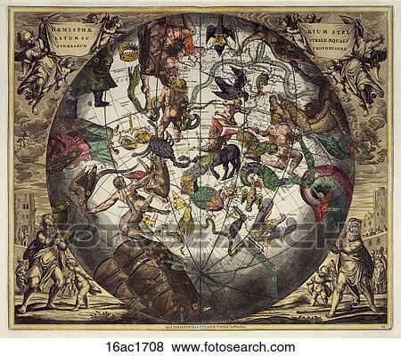 Antique Celestial Illustration (hand-colored engraving) of the Australian and Antarctic regions of the Earth's globe with the celestial sky superimposed upon it.,1708 View Large Illustration Stock Illustration - Antique Celestial Illustration (hand-colored engraving) of the Australian and Antarctic regions of the Earth's globe with the celestial sky superimposed upon it.,1708. Fotosearch