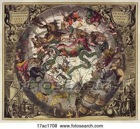 Antique Celestial Illustration (hand-colored engraving) showing the Pacific and Antarctic regions of the Globe with the Southern Celestial Sky superimposed upon it.,1708 View Large Illustration Stock Illustration - Antique Celestial Illustration (hand-colored engraving) showing the Pacific and Antarctic regions of the Globe with the Southern Celestial Sky superimposed upon it.,1708. Fotosearch