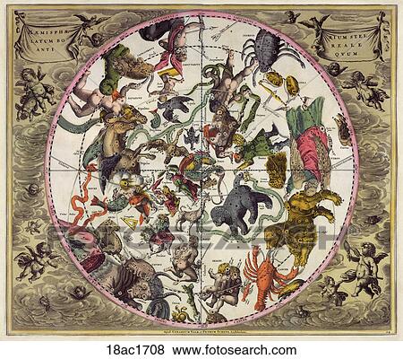 Antique Celestial Illustration (hand-colored engraving) of the Classical Constellation Figures of the Northern Heavens.,1708 View Large Illustration Stock Illustration - Antique Celestial Illustration (hand-colored engraving) of the Classical Constellation Figures of the Northern Heavens.,1708. Fotosearch