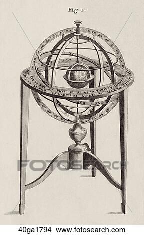 Antique Illustration (engraving) of an Armillary Sphere with the Earth in the Center to demonstrate the relative positions of the Moon. 1794 View Large Illustration Stock Illustration - Antique Illustration (engraving) of an Armillary Sphere with the Earth in the Center to demonstrate the relative positions of the Moon. 1794. Fotosearch