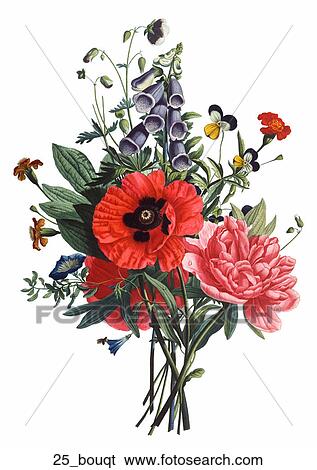 骨董品 花 イラスト の 花束 の 赤い花 Color Stipple Engraving １８０４ イラスト 25 Bouqt Fotosearch