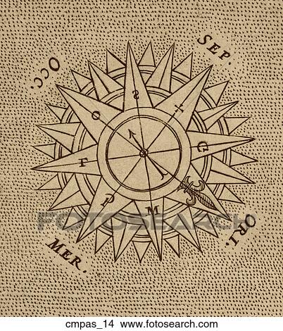 Stock Illustration - Antique Compass Rose (copper engraving). Fotosearch