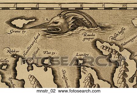 Drawing - Antique Sea Monster Illustration (copper engraving). Fotosearch