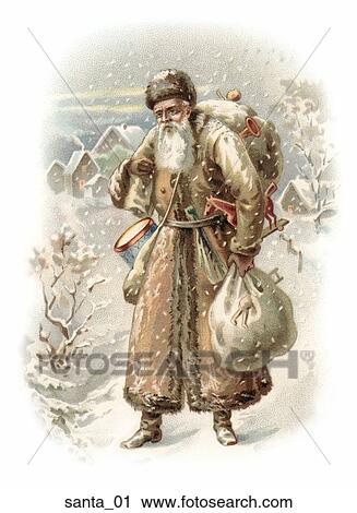 Clip Art - Victorian Christmas Illustration of Santa Walking in the Snow with Presents . Fotosearch