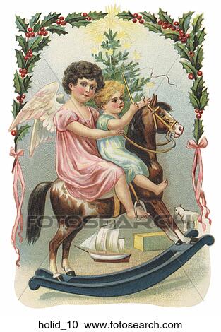 Clipart - Victorian Christmas Illustration of Children on a Toy Rocking Horse . Fotosearch