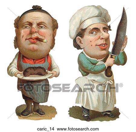 Stock Illustration - Victorian Die Cut Caricatures of a Waiter and a Butcher . Fotosearch