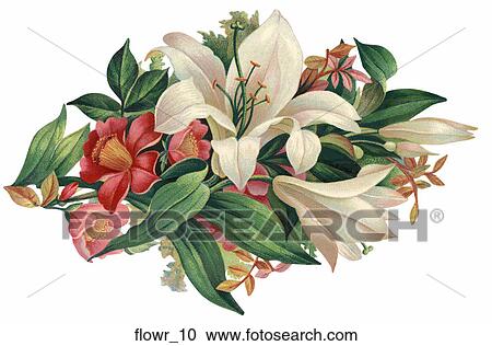 Clipart - Victorian Die Cut Illustration of a Spring Flower Arrangement with Lilies. Fotosearch