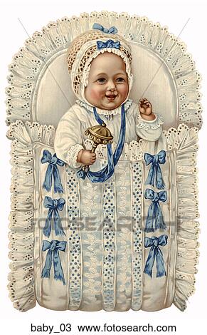 Drawing - Victorian Die Cut Illustration of a Baby with Rattle and Bonnet in a Ruffled Bed. Fotosearch