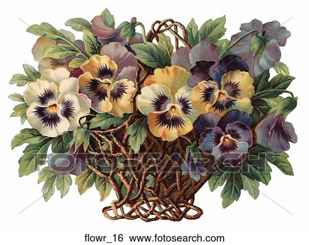 Stock Illustration - Victorian Die Cut Illustration of a Pansy Arrangement in a Basket. Fotosearch