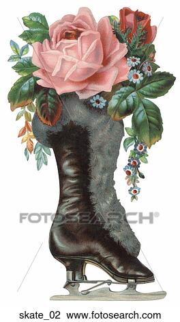Drawing - Victorian Die Cut Illustration of Ice Skate with Rose. Fotosearch