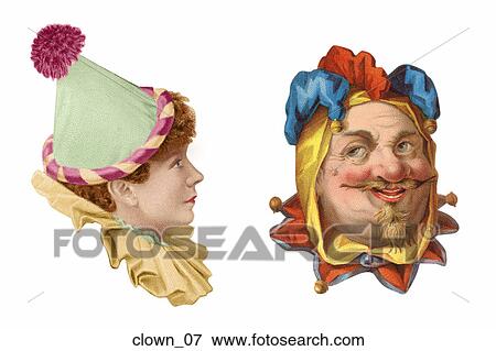 Stock Illustration - Victorian Die Cut Spot Illustration of a Woman dressed as a Clown and a Caricature of a Jester . Fotosearch