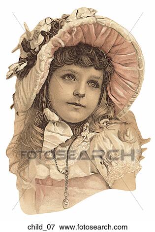 Stock Illustration - Victorian Diecut Illustration of a Girl Wearing a Fancy Bonnet . Fotosearch