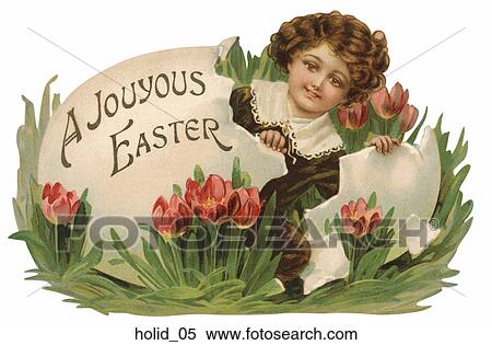 Stock Illustration - Victorian Easter Illustration of a Child and Egg . Fotosearch