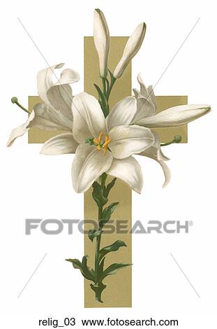 Drawing - Victorian Easter Illustration: White Lilies on a Gold Cross. Fotosearch