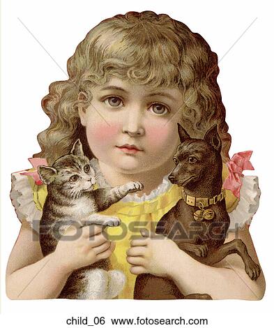 Victorian Illustration of a Girl Holding a Cat and a Dog View Large Illustration Stock Illustration - Victorian Illustration of a Girl Holding a Cat and a Dog. Fotosearch
