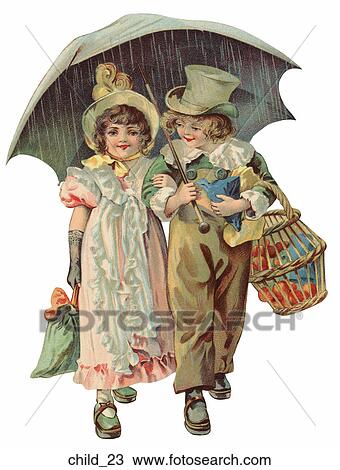 Drawing - Victorian Illustration of Girl and Boy with Umbrella. Fotosearch