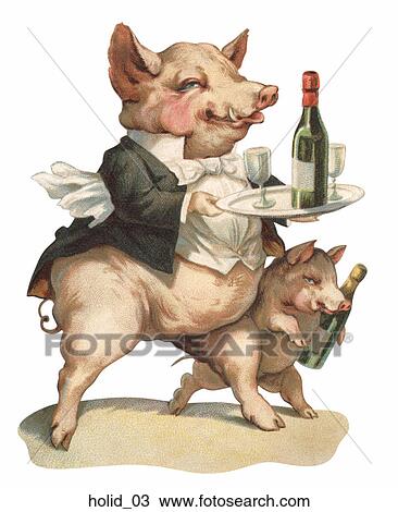 Drawing - Victorian New Year Illustration: a Pig Dressed as a Waiter is Serving Champagne . Fotosearch