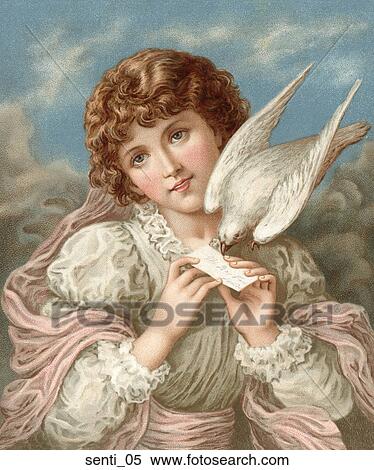 Stock Illustration - Victorian Style Illustration of Dove Delivering a Letter to a Young Woman. Fotosearch
