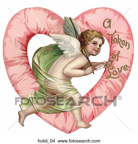 Victorian Valentine Illustration of Cupid in front of a Heart View Large Illustration Stock Illustration - Victorian Valentine Illustration of Cupid in front of a Heart . Fotosearch