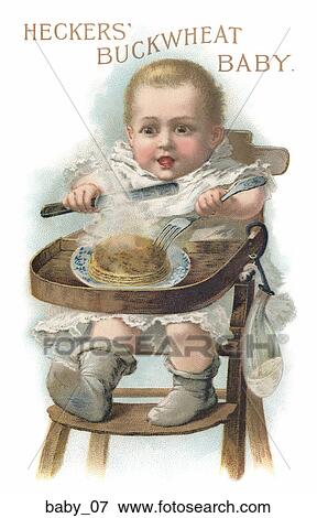 Stock Illustration - Vintage Illustration of a Baby Eating Pancakes Seated in a High Chair. Fotosearch