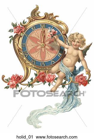 Vintage New Year Illustration of a Cherub and a Clock View Large Illustration Clip Art - Vintage New Year Illustration of a Cherub and a Clock. Fotosearch