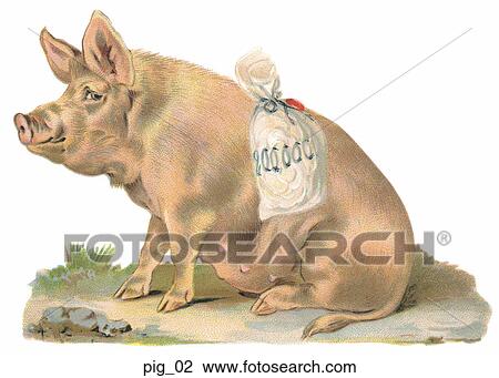 Victorian Die Cut Illustration of a Pig with Money Bag View Large Illustration Drawing - Victorian Die Cut Illustration of a Pig with Money Bag. Fotosearch