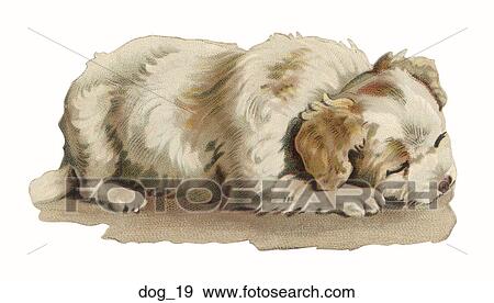 Stock Illustration - Victorian Die Cut Illustration of a Sleeping Dog . Fotosearch