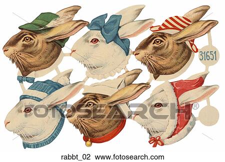Drawing - Victorian Die Cut Illustration of Rabbit Heads. Fotosearch