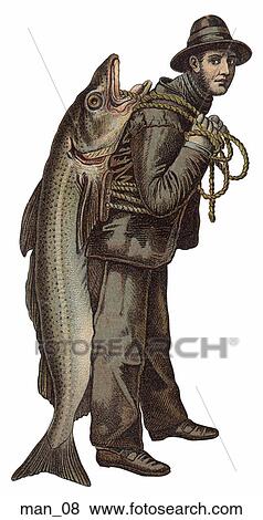 Stock Illustration - Vintage Illustration of a Man with Big Fish. Fotosearch