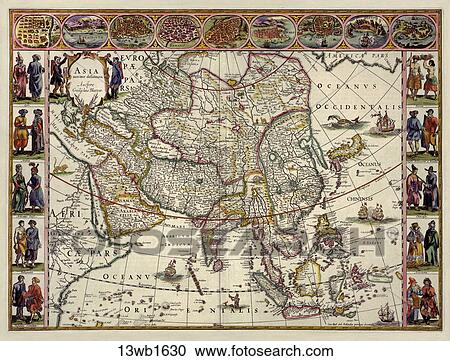 Antique Map of Asia (hand-colored copper engraving)., 1630 View Large Illustration Clipart - Antique Map of Asia (hand-colored copper engraving)., 1630. Fotosearch