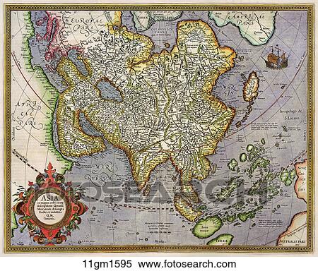 Antique Map of Asia (hand-colored copper engraving)., 1595 View Large Illustration Stock Illustration - Antique Map of Asia (hand-colored copper engraving)., 1595. Fotosearch