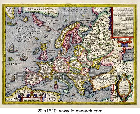 Antique Map of Europe (hand-colored copper engraving)., c. 1610 View Large Illustration Clipart - Antique Map of Europe (hand-colored copper engraving)., c. 1610. Fotosearch