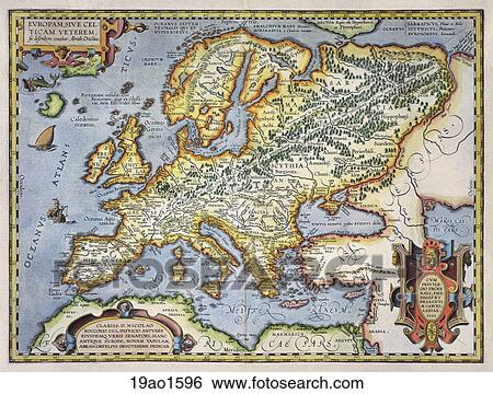 Antique Map of Europe (hand-colored copper engraving)., 1596 View Large Illustration Stock Illustration - Antique Map of Europe (hand-colored copper engraving)., 1596. Fotosearch