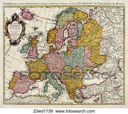 Stock Illustration - Antique Map of Europe (hand-colored copper engraving)., 1739. Fotosearch