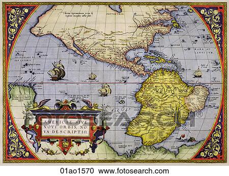 Antique Map of the Americas (hand-colored copper engraving)., 1570 View Large Illustration Clipart - Antique Map of the Americas (hand-colored copper engraving)., 1570. Fotosearch