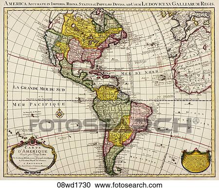 Clipart - Antique Map of the Americas (hand-colored copper engraving)., 1730. Fotosearch