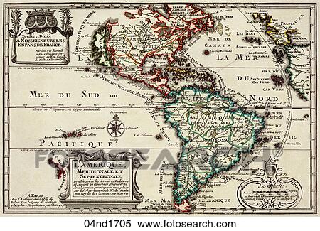 Stock Illustration - Antique Map of the Americas (hand-colored copper engraving)., c. 1705. Fotosearch