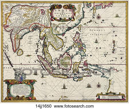 Antique Map of the Orient (hand-colored copper engraving)., c. 1650 View Large Illustration Clipart - Antique Map of the Orient (hand-colored copper engraving)., c. 1650. Fotosearch