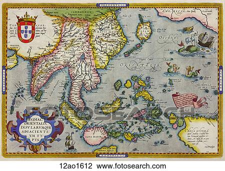 Antique Map of the Orient (hand-colored copper engraving)., 1612 View Large Illustration Drawing - Antique Map of the Orient (hand-colored copper engraving)., 1612. Fotosearch
