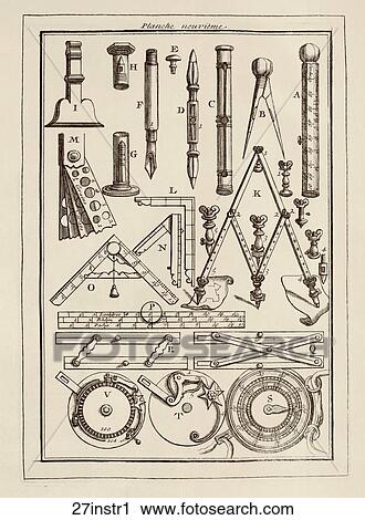 アンティークなイラスト Copper Engraving の 小さい 数学 オフィス 道具 含む ペン コンパス そして カリパス 1752 クリップアート 27instr1 Fotosearch