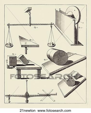 Stock Illustration - Antique engraving depicting Newtonian Physics confirmed by Experiments of Gravity, Balance and Equilibrium., 1725. Fotosearch